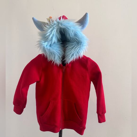 Red Hoodie Boys Girls Size 6 Whimsical Blue Horns Fur Bird Zip Up Handmade - Picture 4 of 10